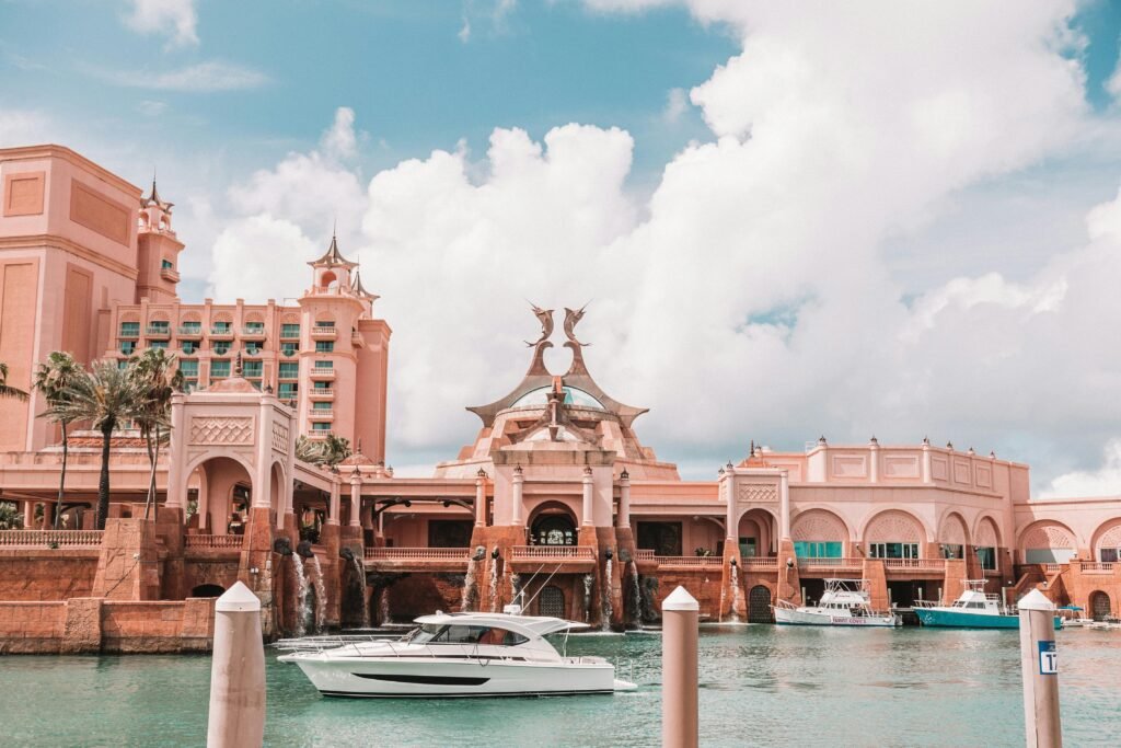 Beautiful architecture of Atlantis Paradise Island with luxury yachts in Nassau, Bahamas.
